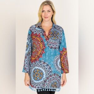 Boho Mandala Tassel‎ Tunic Top XL by Yinesa – Blue Multicolor Print